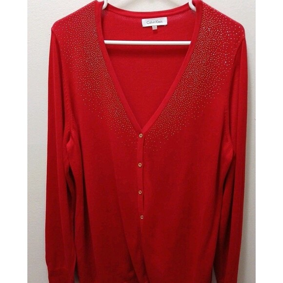 Calvin Klein Red Gold Dots Logo V-neck Gold Button Up Cardigan Sweater XL - Picture 2 of 16